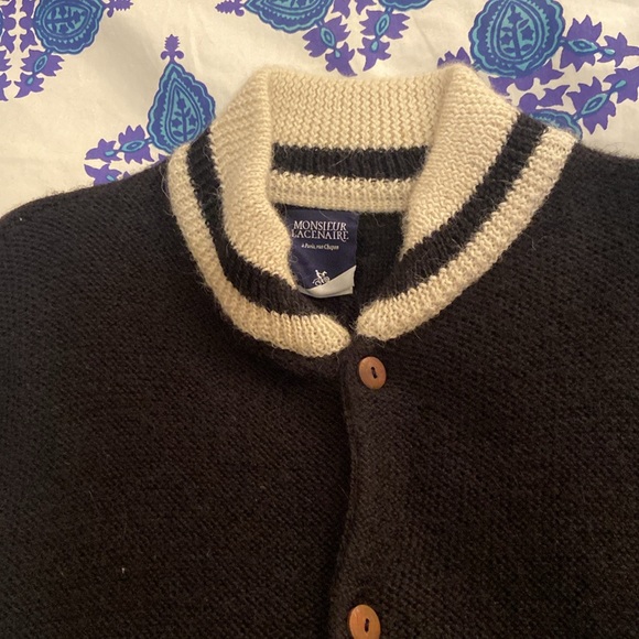 Monsieur Lacenaire black and white 100% alpaca varsity sweater jacket - Picture 3 of 6